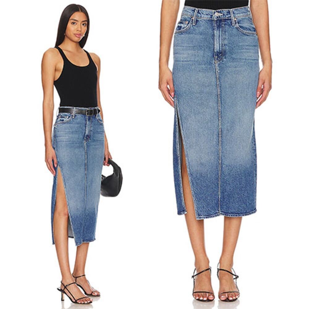 NEW MOTHER The Split Second Denim High Rise Midi Skirt Medium Wash Size: 31